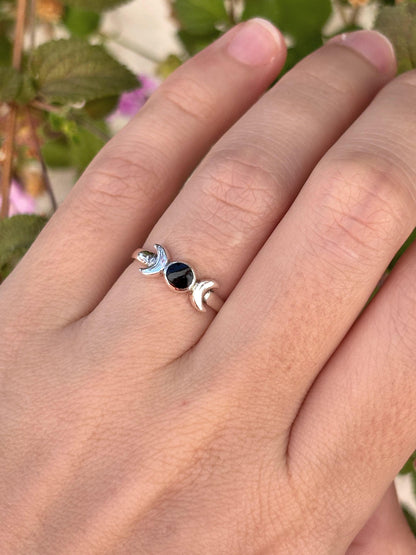 Sterling Silver Triple Moon Ring, Black Onyx Ring, Moon Goddess Ring, Celestial Ring, Wiccan Jewelry, Witchy Ring, Gift for Her, Pagan Ring