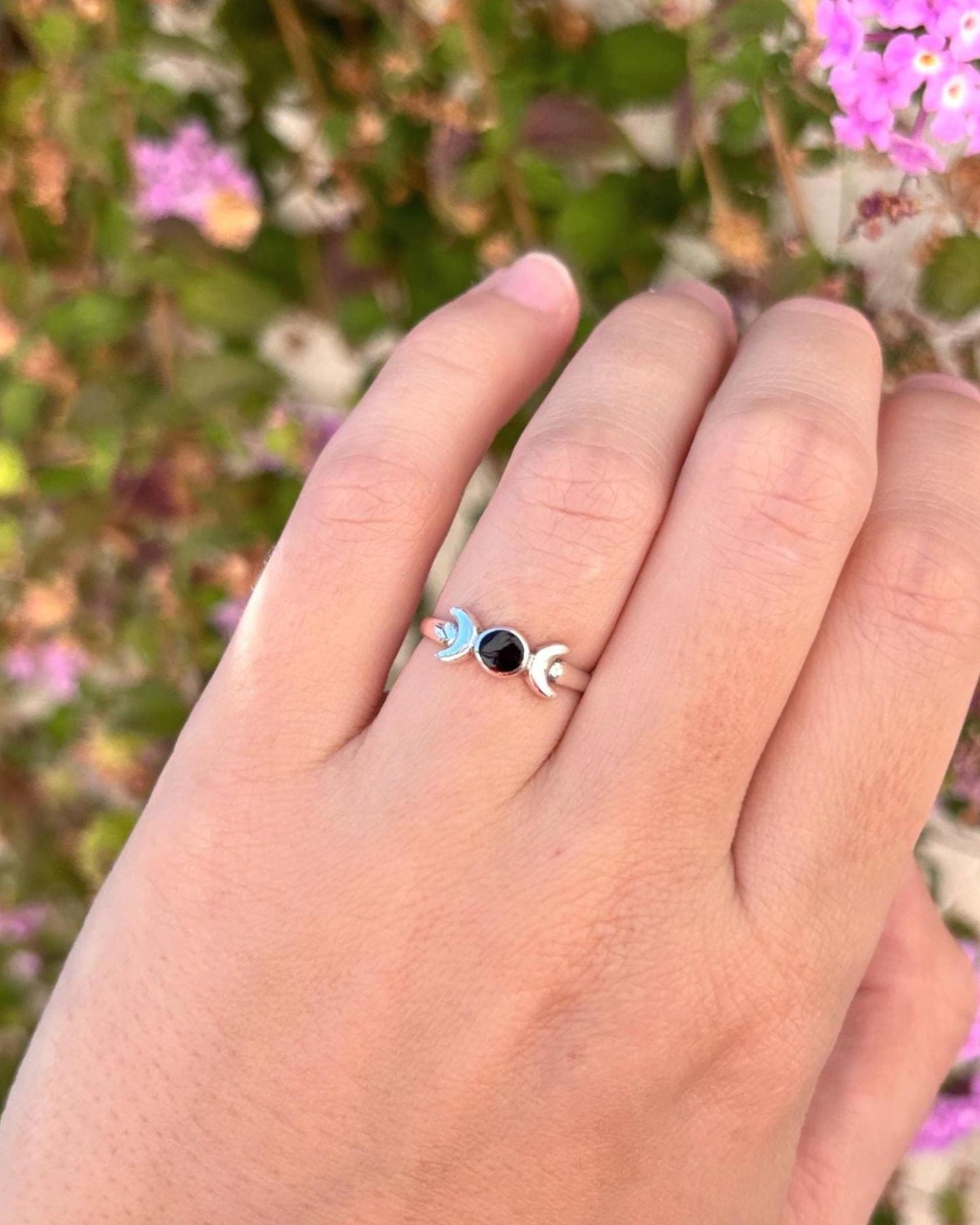 Sterling Silver Triple Moon Ring, Black Onyx Ring, Moon Goddess Ring, Celestial Ring, Wiccan Jewelry, Witchy Ring, Gift for Her, Pagan Ring