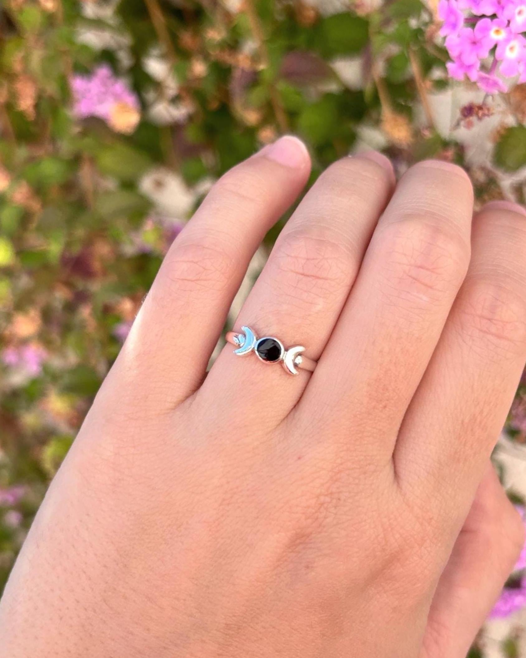 Sterling Silver Triple Moon Ring, Black Onyx Ring, Moon Goddess Ring, Celestial Ring, Wiccan Jewelry, Witchy Ring, Gift for Her, Pagan Ring
