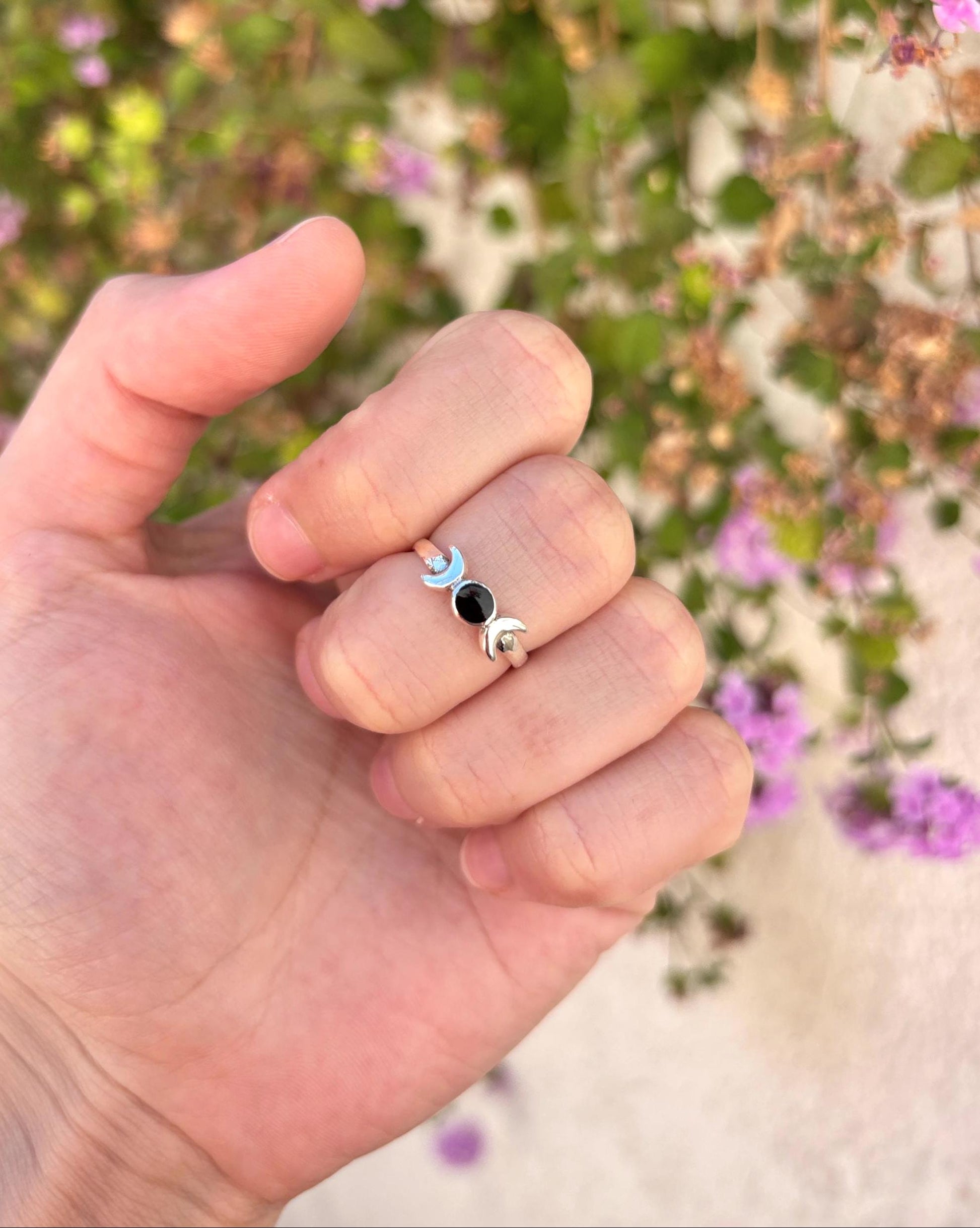 Sterling Silver Triple Moon Ring, Black Onyx Ring, Moon Goddess Ring, Celestial Ring, Wiccan Jewelry, Witchy Ring, Gift for Her, Pagan Ring