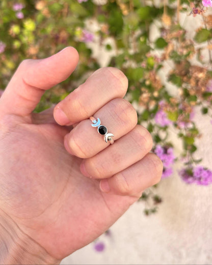 Sterling Silver Triple Moon Ring, Black Onyx Ring, Moon Goddess Ring, Celestial Ring, Wiccan Jewelry, Witchy Ring, Gift for Her, Pagan Ring