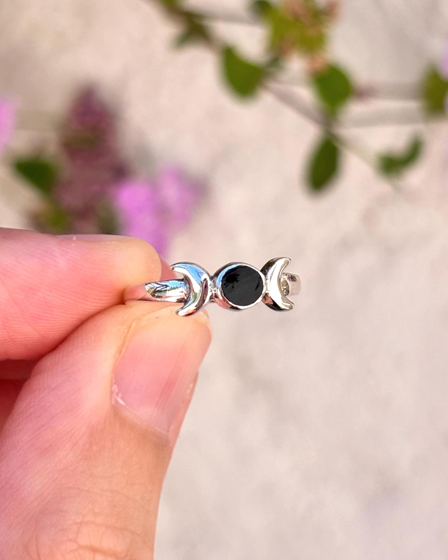 Sterling Silver Triple Moon Ring, Black Onyx Ring, Moon Goddess Ring, Celestial Ring, Wiccan Jewelry, Witchy Ring, Gift for Her, Pagan Ring