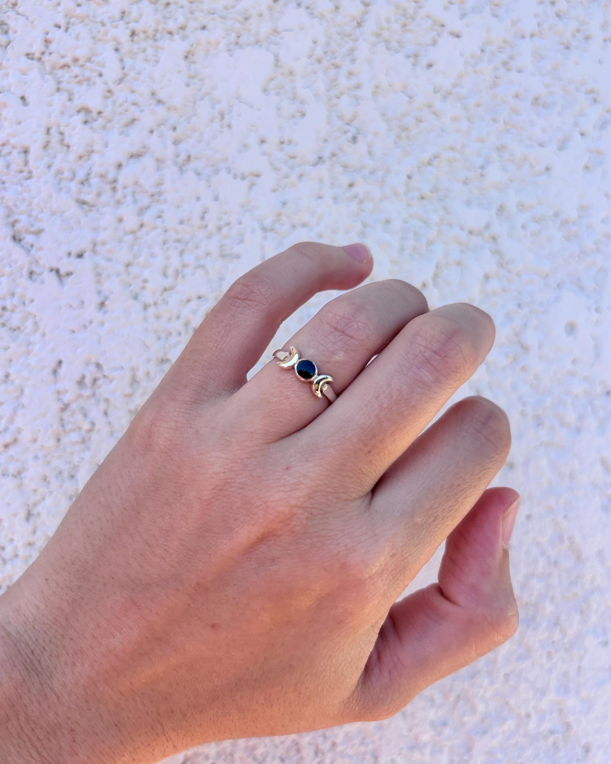Sterling Silver Triple Moon Ring, Black Onyx Ring, Moon Goddess Ring, Celestial Ring, Wiccan Jewelry, Witchy Ring, Gift for Her, Pagan Ring