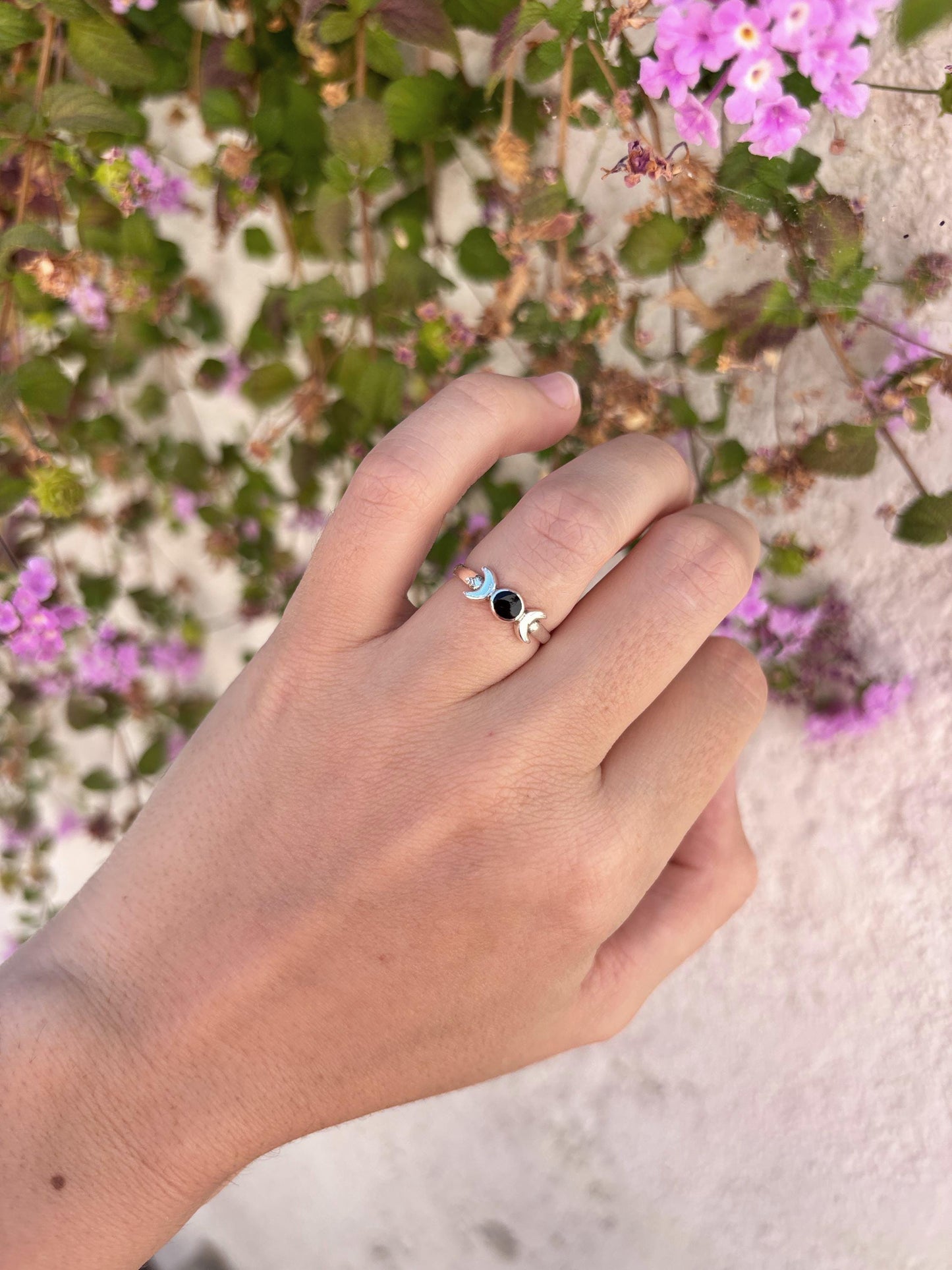 Sterling Silver Triple Moon Ring, Black Onyx Ring, Moon Goddess Ring, Celestial Ring, Wiccan Jewelry, Witchy Ring, Gift for Her, Pagan Ring