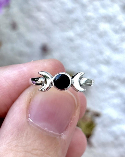 Sterling Silver Triple Moon Ring, Black Onyx Ring, Moon Goddess Ring, Celestial Ring, Wiccan Jewelry, Witchy Ring, Gift for Her, Pagan Ring