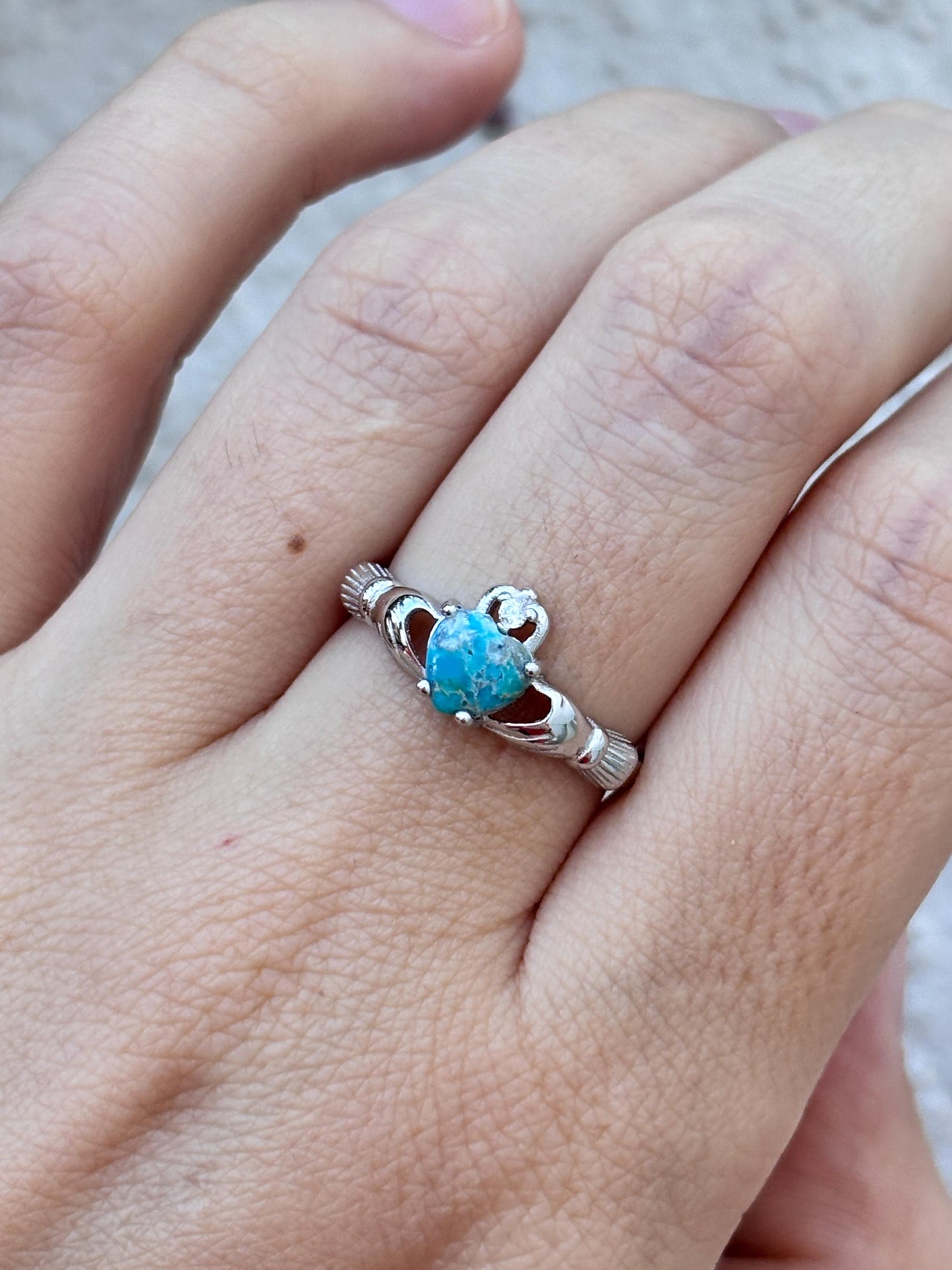 Sterling Silver Turquoise Claddagh Ring, Natural Turquoise Ring, Irish Promise Ring, Celtic Heart Ring, Friendship Gift for Her