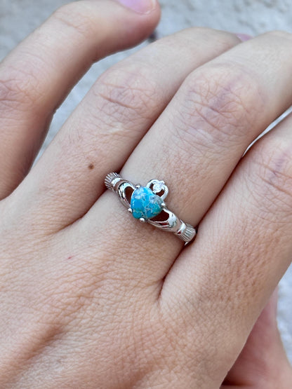 Sterling Silver Turquoise Claddagh Ring, Natural Turquoise Ring, Irish Promise Ring, Celtic Heart Ring, Friendship Gift for Her