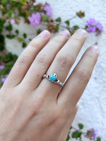 Sterling Silver Turquoise Claddagh Ring, Natural Turquoise Ring, Irish Promise Ring, Celtic Heart Ring, Friendship Gift for Her