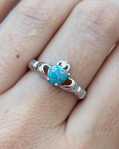 Sterling Silver Turquoise Claddagh Ring, Natural Turquoise Ring, Irish Promise Ring, Celtic Heart Ring, Friendship Gift for Her