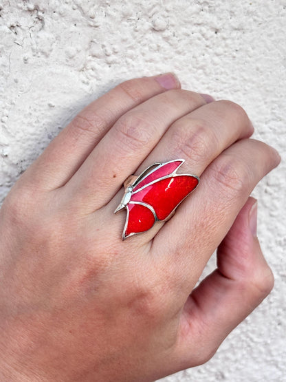 Red Coral Butterfly Ring, Natural Coral Inlay Ring, Sterling Silver Statement Ring, Handmade Monarch Butterfly Jewelry, Gift for Her