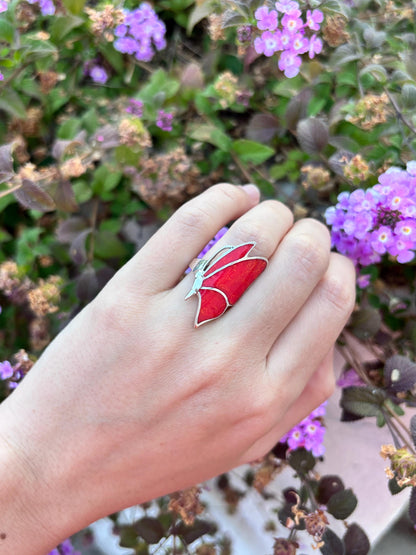Red Coral Butterfly Ring, Natural Coral Inlay Ring, Sterling Silver Statement Ring, Handmade Monarch Butterfly Jewelry, Gift for Her