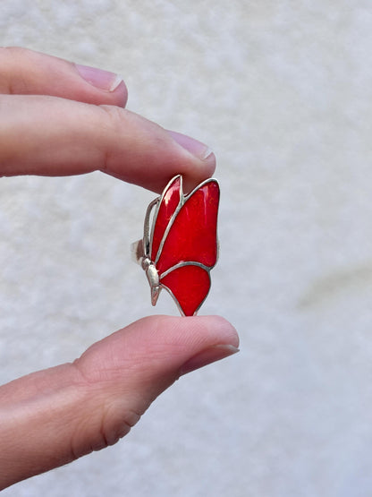 Red Coral Butterfly Ring, Natural Coral Inlay Ring, Sterling Silver Statement Ring, Handmade Monarch Butterfly Jewelry, Gift for Her