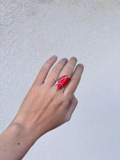 Red Coral Butterfly Ring, Natural Coral Inlay Ring, Sterling Silver Statement Ring, Handmade Monarch Butterfly Jewelry, Gift for Her