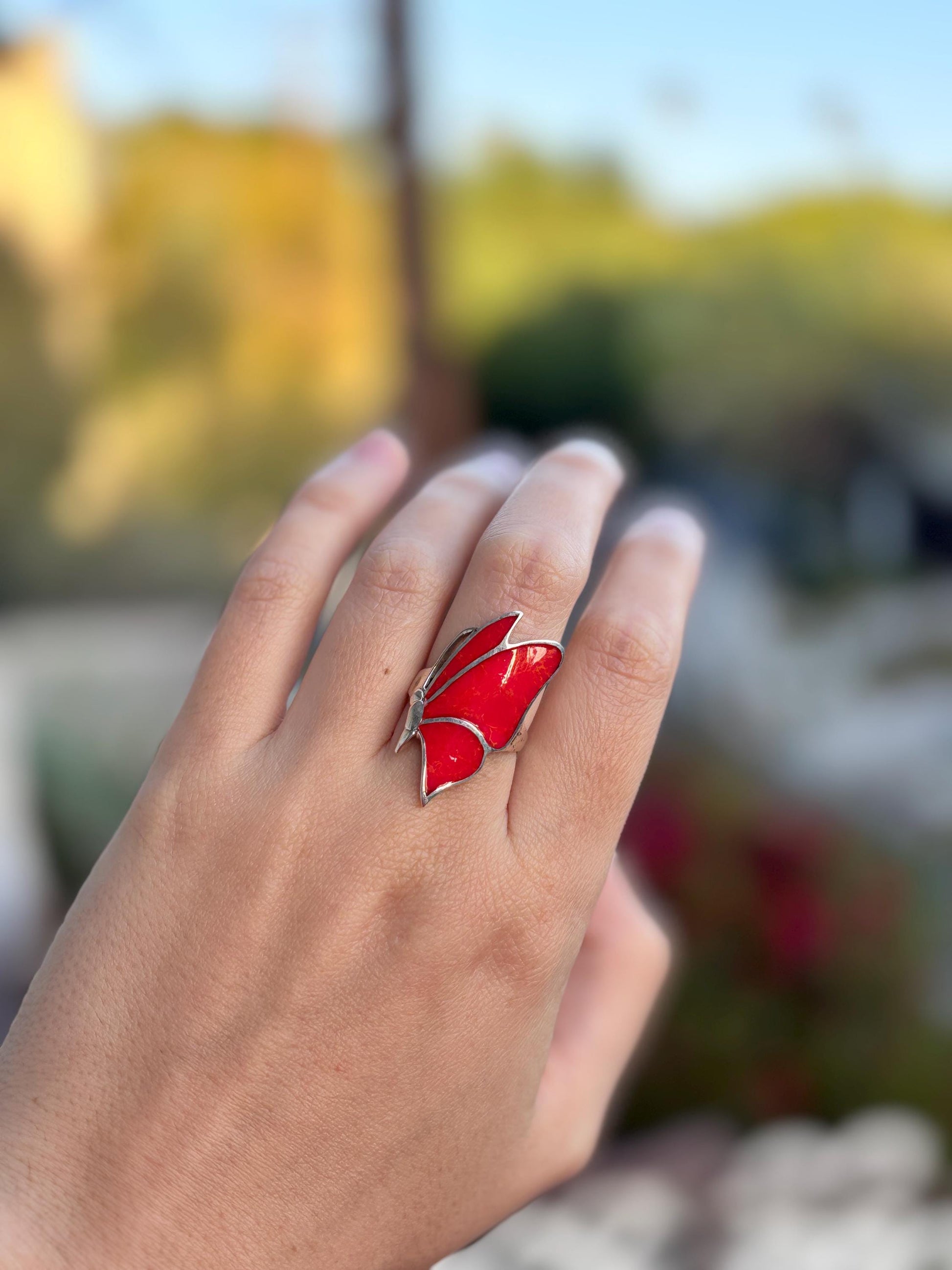 Red Coral Butterfly Ring, Natural Coral Inlay Ring, Sterling Silver Statement Ring, Handmade Monarch Butterfly Jewelry, Gift for Her