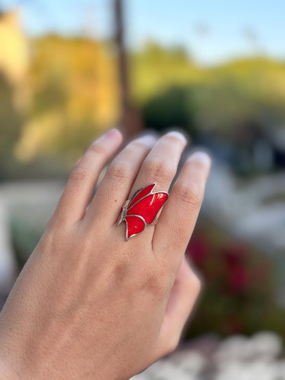 Red Coral Butterfly Ring, Natural Coral Inlay Ring, Sterling Silver Statement Ring, Handmade Monarch Butterfly Jewelry, Gift for Her