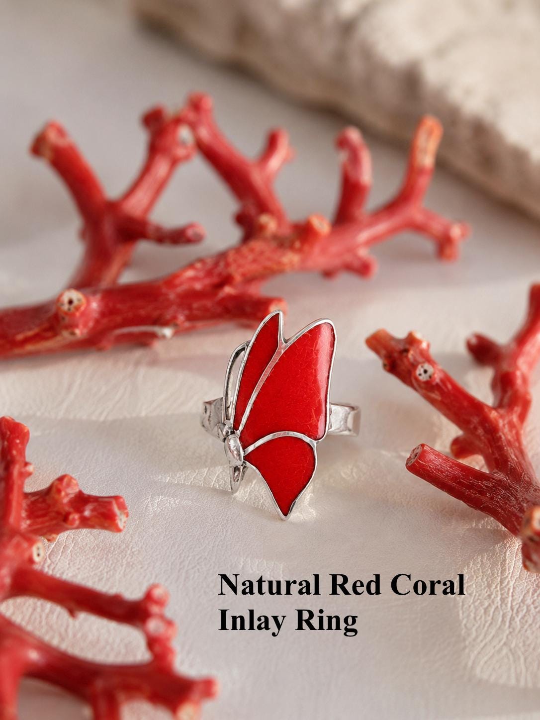 Red Coral Butterfly Ring, Natural Coral Inlay Ring, Sterling Silver Statement Ring, Handmade Monarch Butterfly Jewelry, Gift for Her