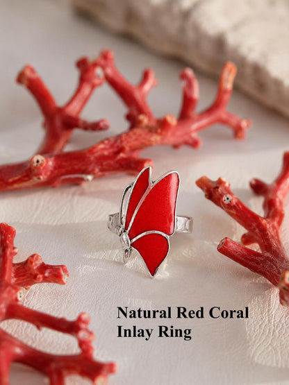 Red Coral Butterfly Ring, Natural Coral Inlay Ring, Sterling Silver Statement Ring, Handmade Monarch Butterfly Jewelry, Gift for Her