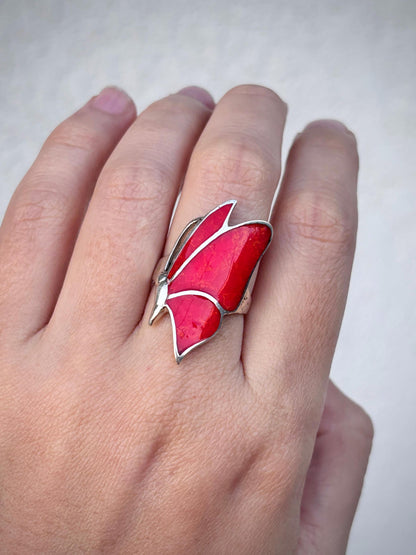 Red Coral Butterfly Ring, Natural Coral Inlay Ring, Sterling Silver Statement Ring, Handmade Monarch Butterfly Jewelry, Gift for Her