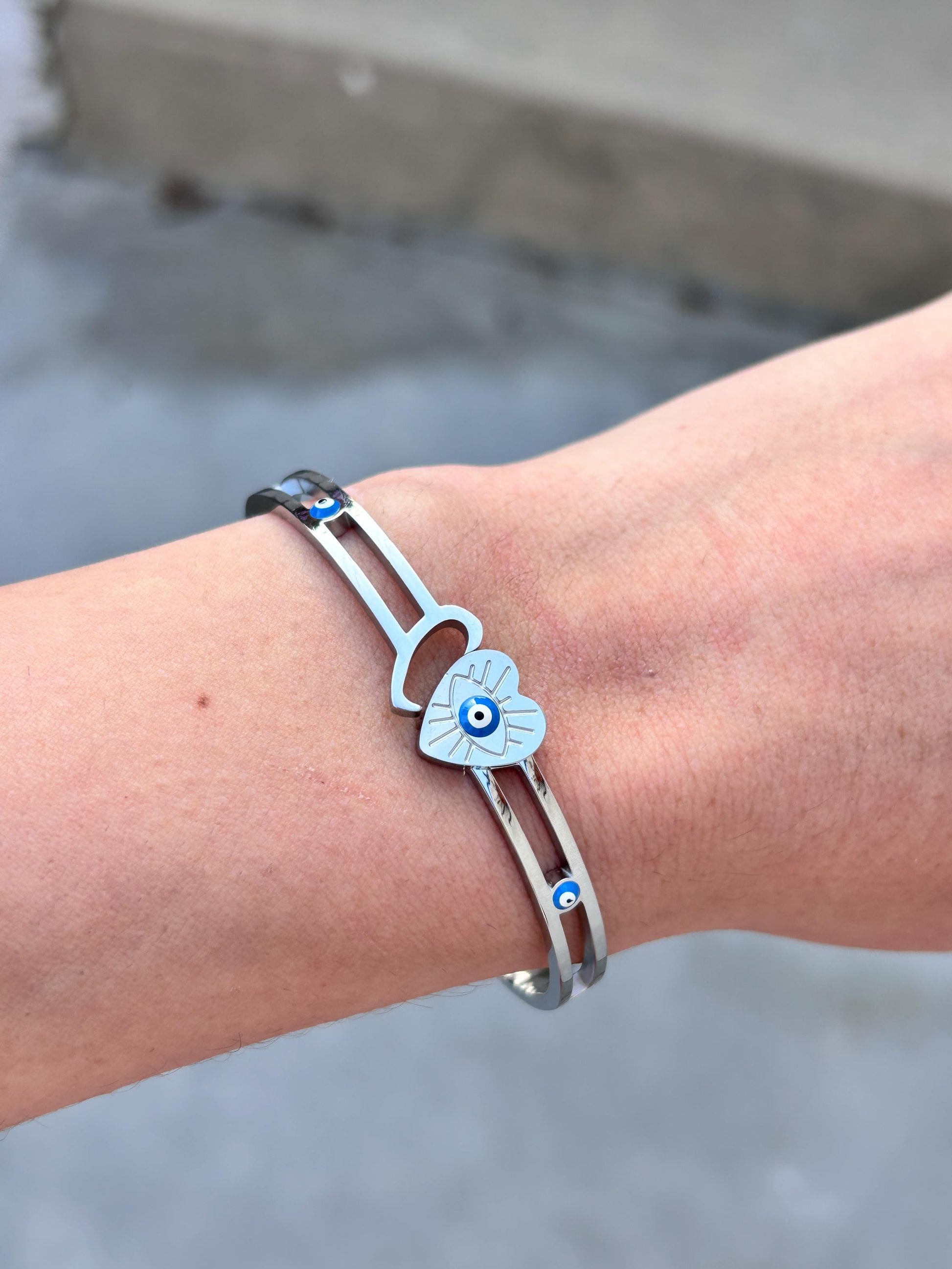 7 Inch Evil Eye Heart Bracelet, Stainless Steel Cuff Bracelet, Protective Jewelry, Hypoallergenic Bangle, Lucky Gift for Her