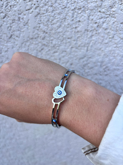 7 Inch Evil Eye Heart Bracelet, Stainless Steel Cuff Bracelet, Protective Jewelry, Hypoallergenic Bangle, Lucky Gift for Her