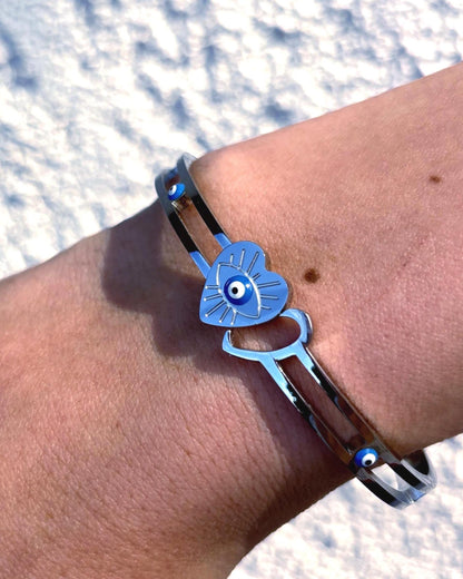 7 Inch Evil Eye Heart Bracelet, Stainless Steel Cuff Bracelet, Protective Jewelry, Hypoallergenic Bangle, Lucky Gift for Her