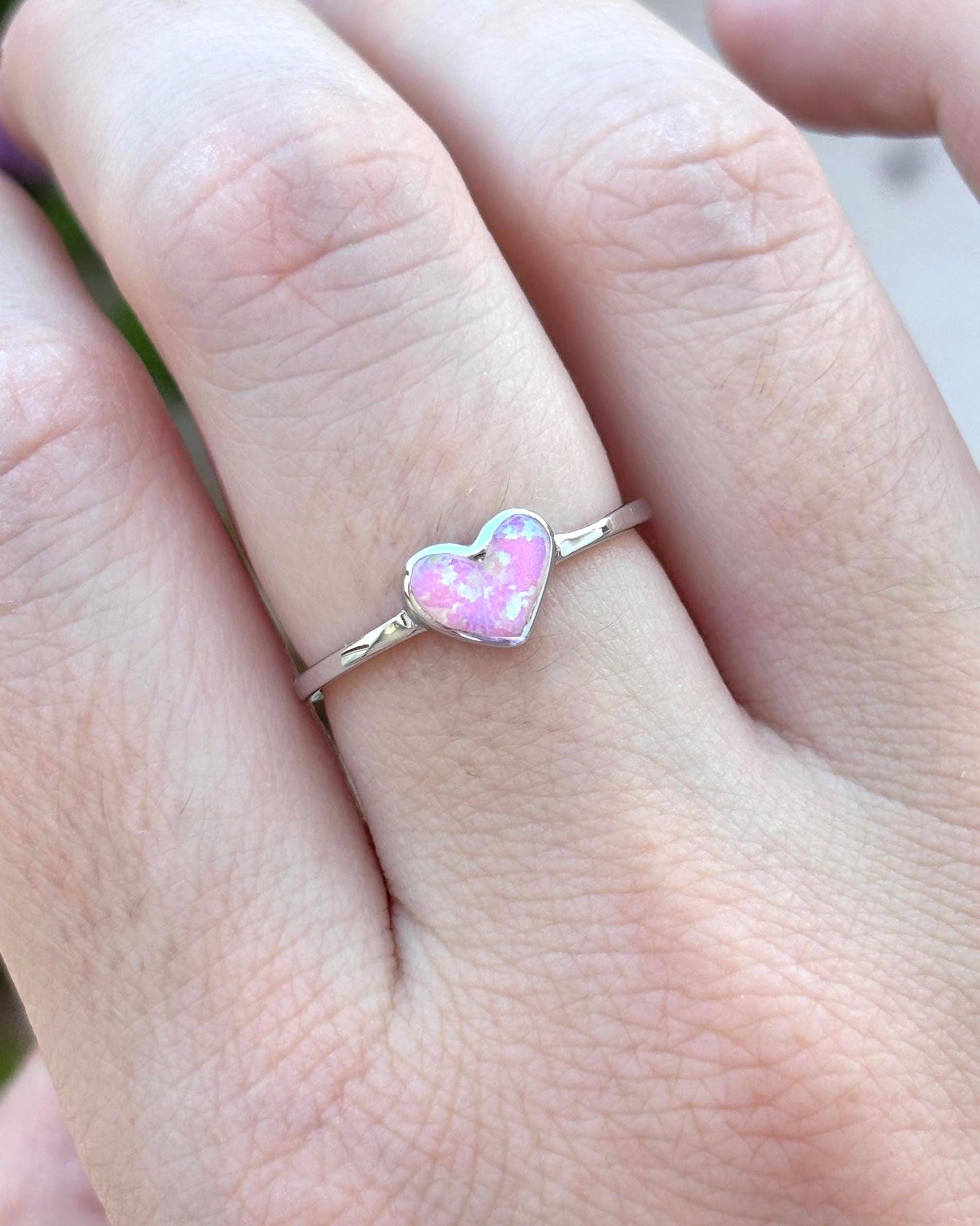 Pink Opal Heart Ring, Sterling Silver Heart Ring, Dainty Heart Ring, Opal Ring for Women, Promise Ring, Romantic Gift, Minimalist Jewelry