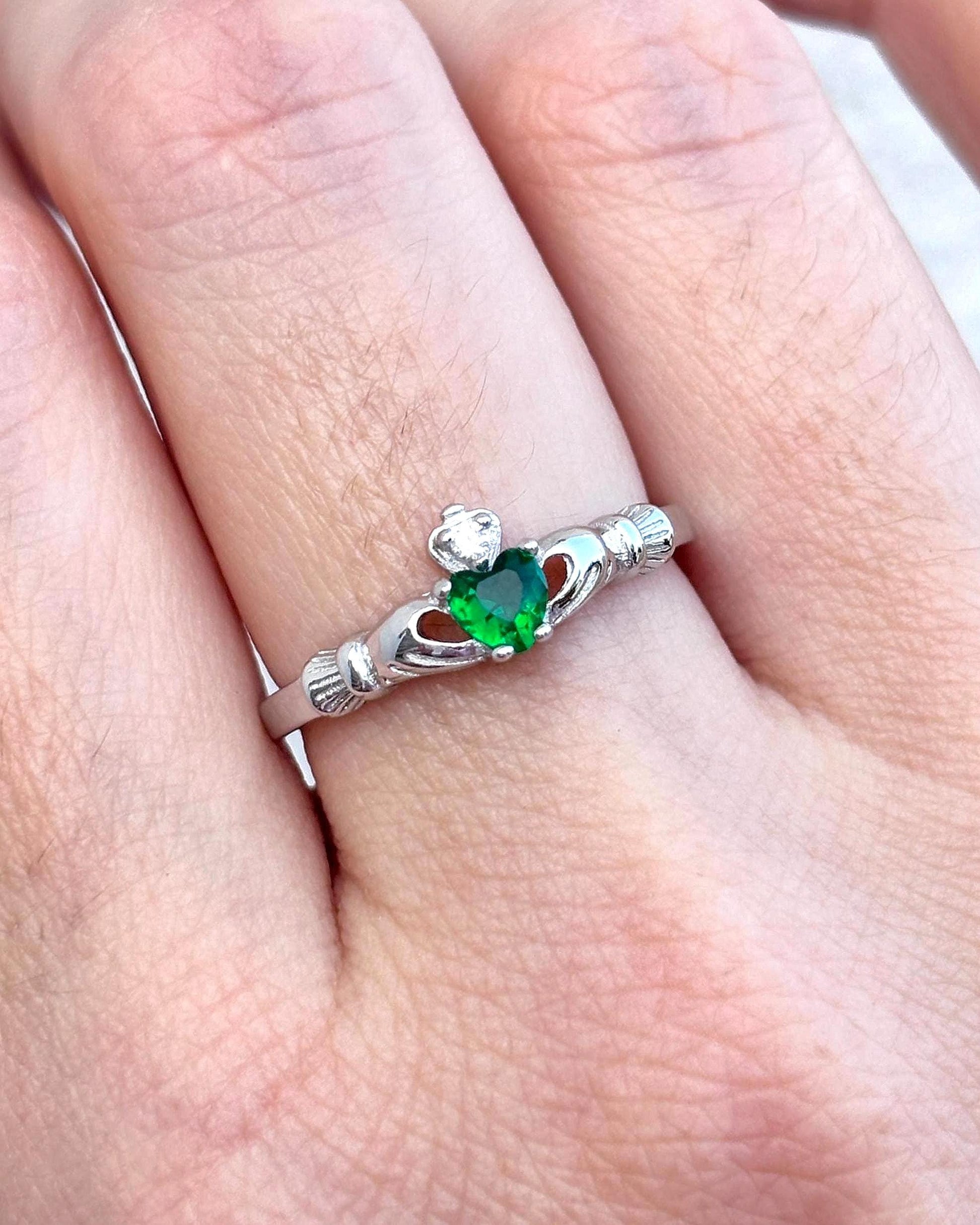 Claddagh Ring with Green Heart, Sterling Silver Claddagh Ring, Irish Promise Ring, Emerald Heart Ring, Celtic Jewelry, Friendship Love Ring