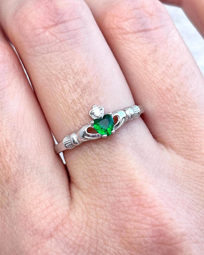 Claddagh Ring with Green Heart, Sterling Silver Claddagh Ring, Irish Promise Ring, Emerald Heart Ring, Celtic Jewelry, Friendship Love Ring