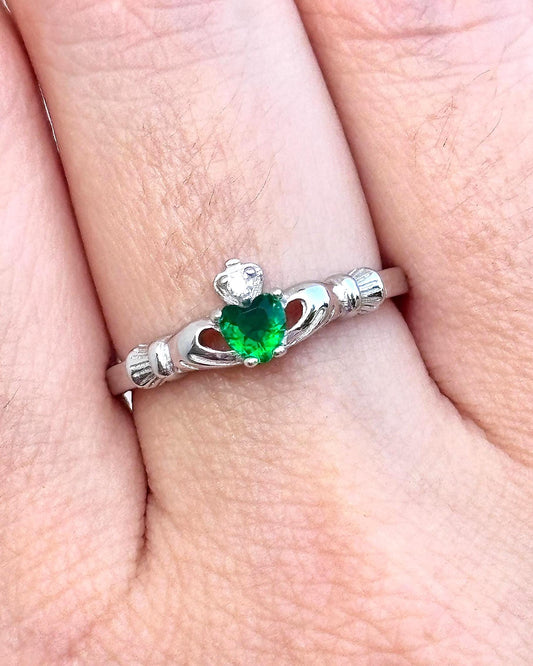 Claddagh Ring with Green Heart, Sterling Silver Claddagh Ring, Irish Promise Ring, Emerald Heart Ring, Celtic Jewelry, Friendship Love Ring