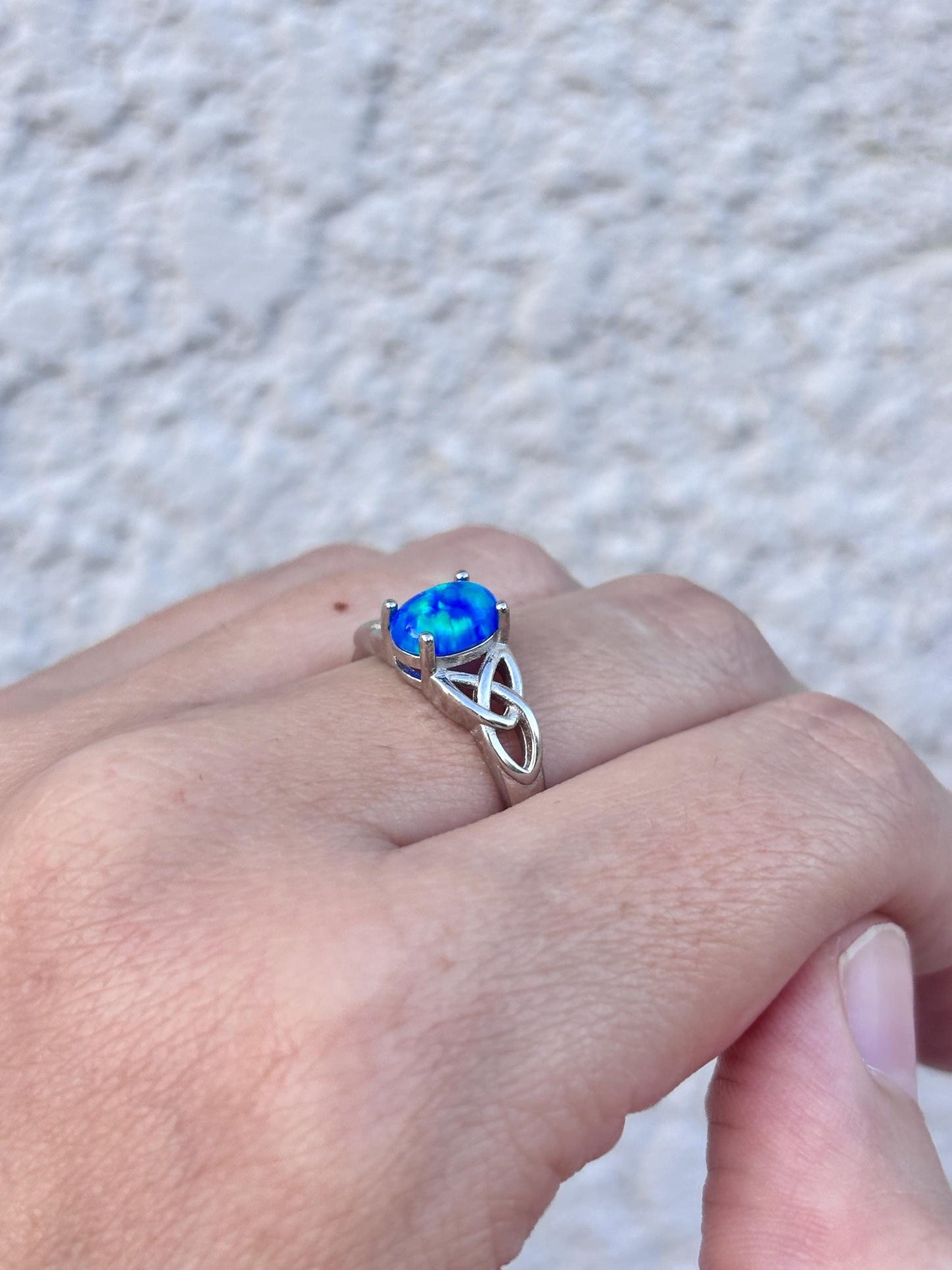 Blue Opal Celtic Ring, 925 Sterling Silver Ring, Celtic Knot Ring, Lab Created Blue Opal Ring, Irish Ring, Promise Ring, Gift for Her