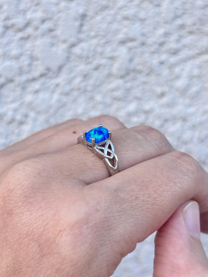 Blue Opal Celtic Ring, 925 Sterling Silver Ring, Celtic Knot Ring, Lab Created Blue Opal Ring, Irish Ring, Promise Ring, Gift for Her