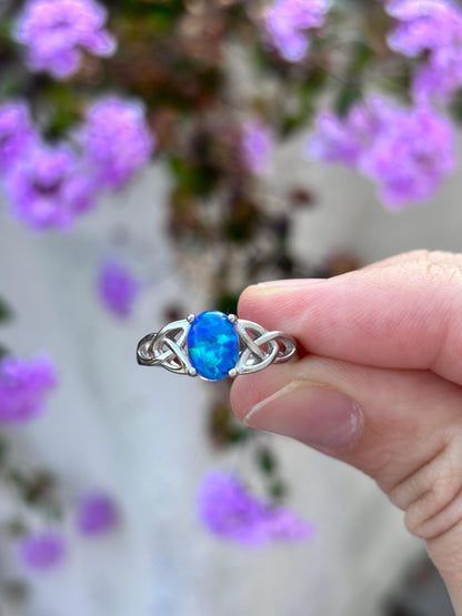 Blue Opal Celtic Ring, 925 Sterling Silver Ring, Celtic Knot Ring, Lab Created Blue Opal Ring, Irish Ring, Promise Ring, Gift for Her