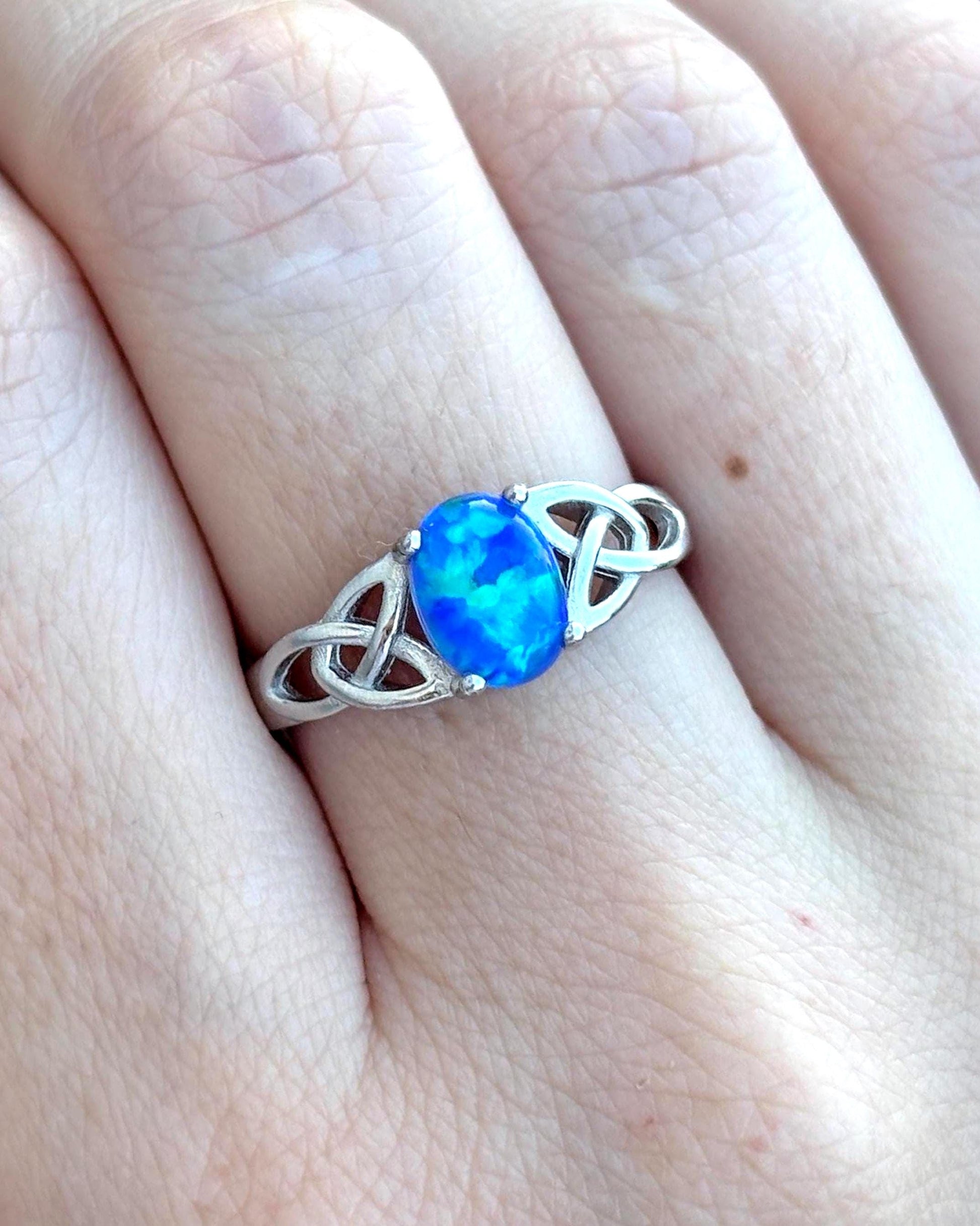 Blue Opal Celtic Ring, 925 Sterling Silver Ring, Celtic Knot Ring, Lab Created Blue Opal Ring, Irish Ring, Promise Ring, Gift for Her