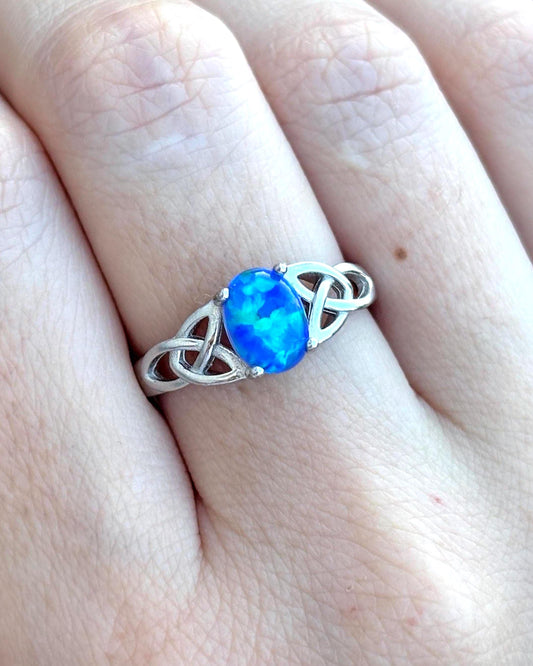 Blue Opal Celtic Ring, 925 Sterling Silver Ring, Celtic Knot Ring, Lab Created Blue Opal Ring, Irish Ring, Promise Ring, Gift for Her