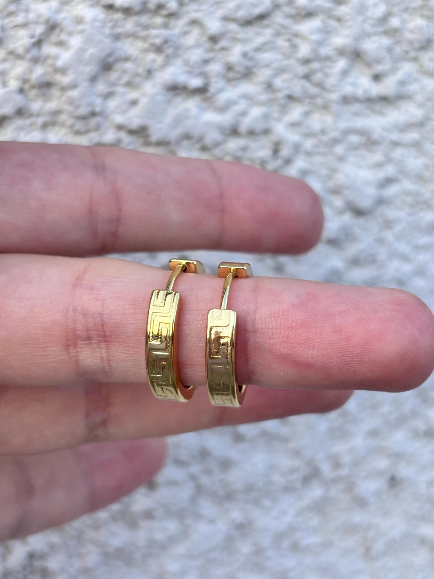 Greek Key Hoop Earrings, Gold Hoop Earrings, 14K Gold Plated Hoops, Stainless Steel Earrings, Geometric Huggie Hoops, Waterproof Jewelry