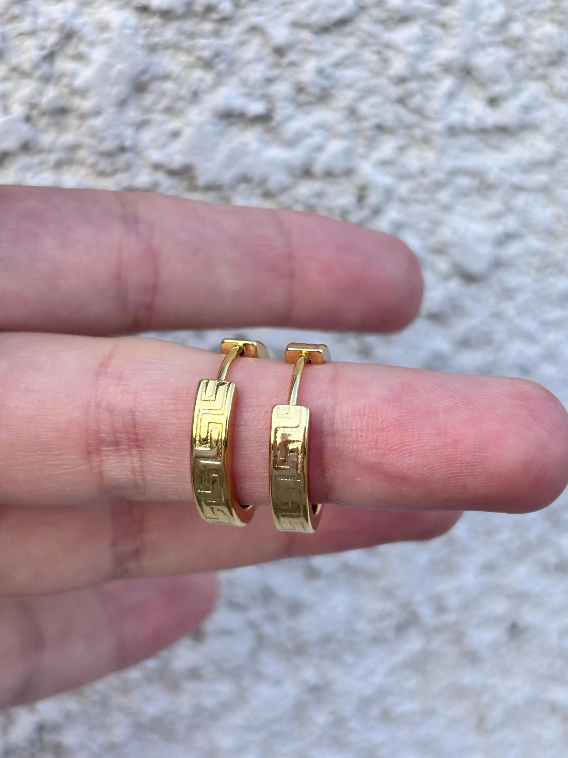 Greek Key Hoop Earrings, Gold Hoop Earrings, 14K Gold Plated Hoops, Stainless Steel Earrings, Geometric Huggie Hoops, Waterproof Jewelry