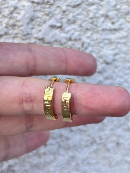 Greek Key Hoop Earrings, Gold Hoop Earrings, 14K Gold Plated Hoops, Stainless Steel Earrings, Geometric Huggie Hoops, Waterproof Jewelry