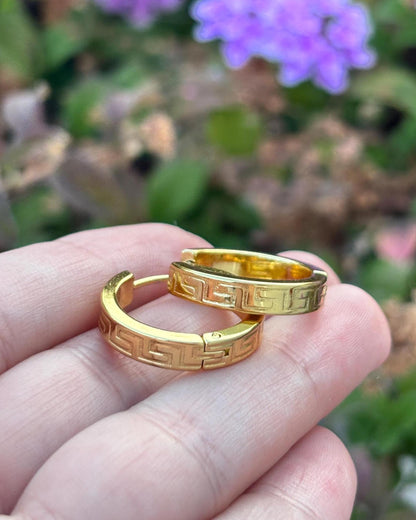 Greek Key Hoop Earrings, Gold Hoop Earrings, 14K Gold Plated Hoops, Stainless Steel Earrings, Geometric Huggie Hoops, Waterproof Jewelry