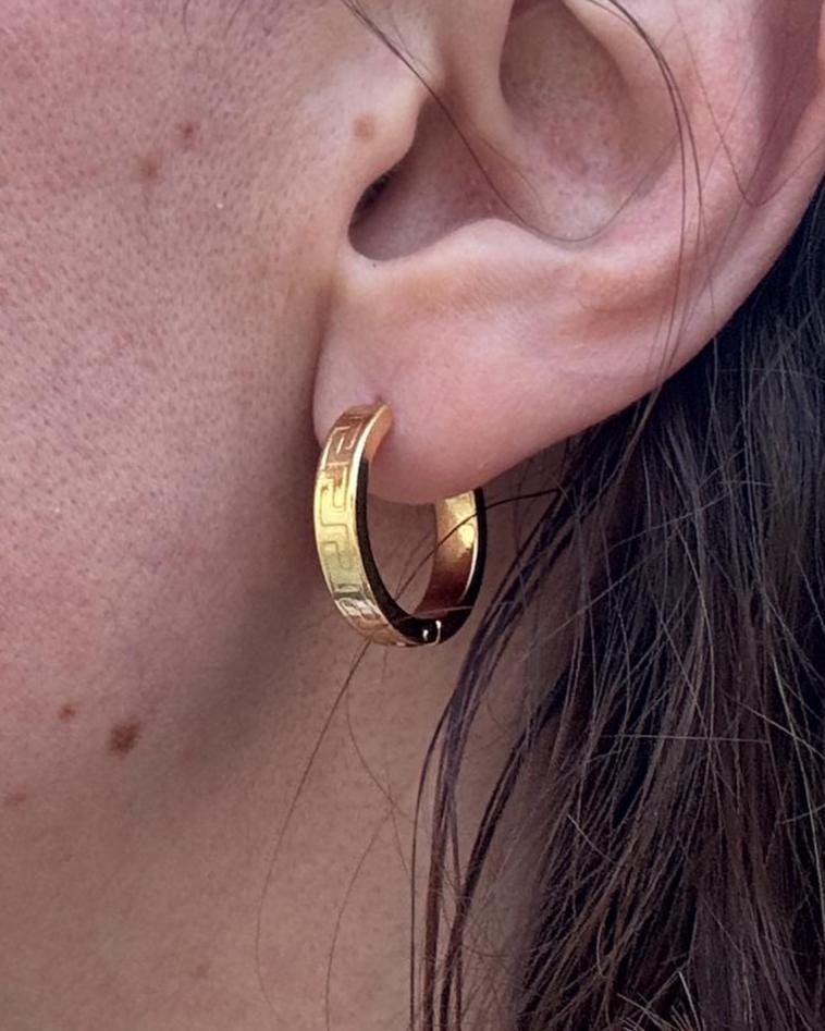 Greek Key Hoop Earrings, Gold Hoop Earrings, 14K Gold Plated Hoops, Stainless Steel Earrings, Geometric Huggie Hoops, Waterproof Jewelry