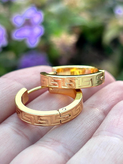 Greek Key Hoop Earrings, Gold Hoop Earrings, 14K Gold Plated Hoops, Stainless Steel Earrings, Geometric Huggie Hoops, Waterproof Jewelry