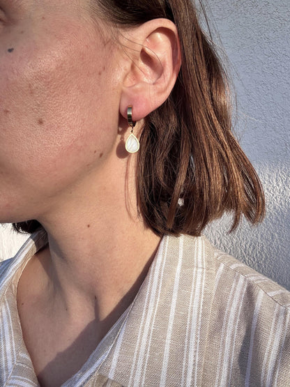 Mother of Pearl Drop Earrings, Gold Huggie Earrings, Stainless Steel Earrings, Minimalist Pearl Earrings, Hypoallergenic Jewelry Gift