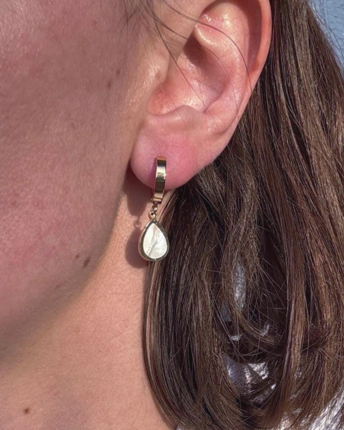 Mother of Pearl Drop Earrings, Gold Huggie Earrings, Stainless Steel Earrings, Minimalist Pearl Earrings, Hypoallergenic Jewelry Gift