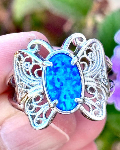 Blue Opal Butterfly Ring, 925 Sterling Silver Ring, Butterfly Jewelry, Lab Grown Opal Ring, Nature Inspired Ring, Statement Ring for Her