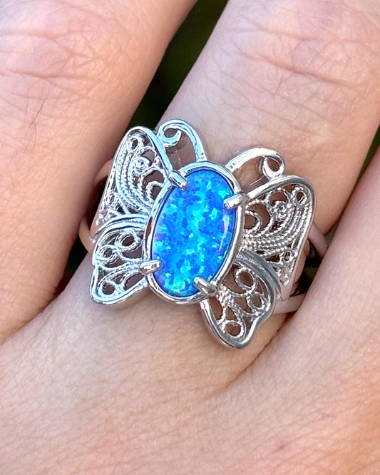 Blue Opal Butterfly Ring, 925 Sterling Silver Ring, Butterfly Jewelry, Lab Grown Opal Ring, Nature Inspired Ring, Statement Ring for Her