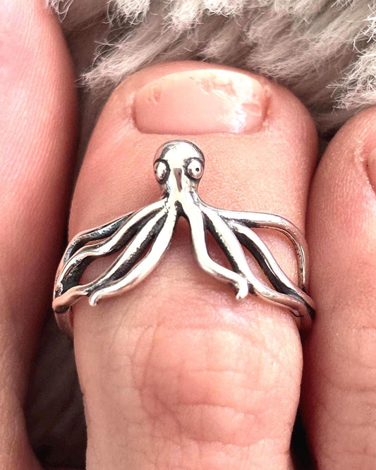 Sterling Silver Octopus Toe Ring, Adjustable 925 Silver Toe Ring, Beach Toe Ring, Ocean Jewelry, Sea Life Ring, Summer Foot Jewelry