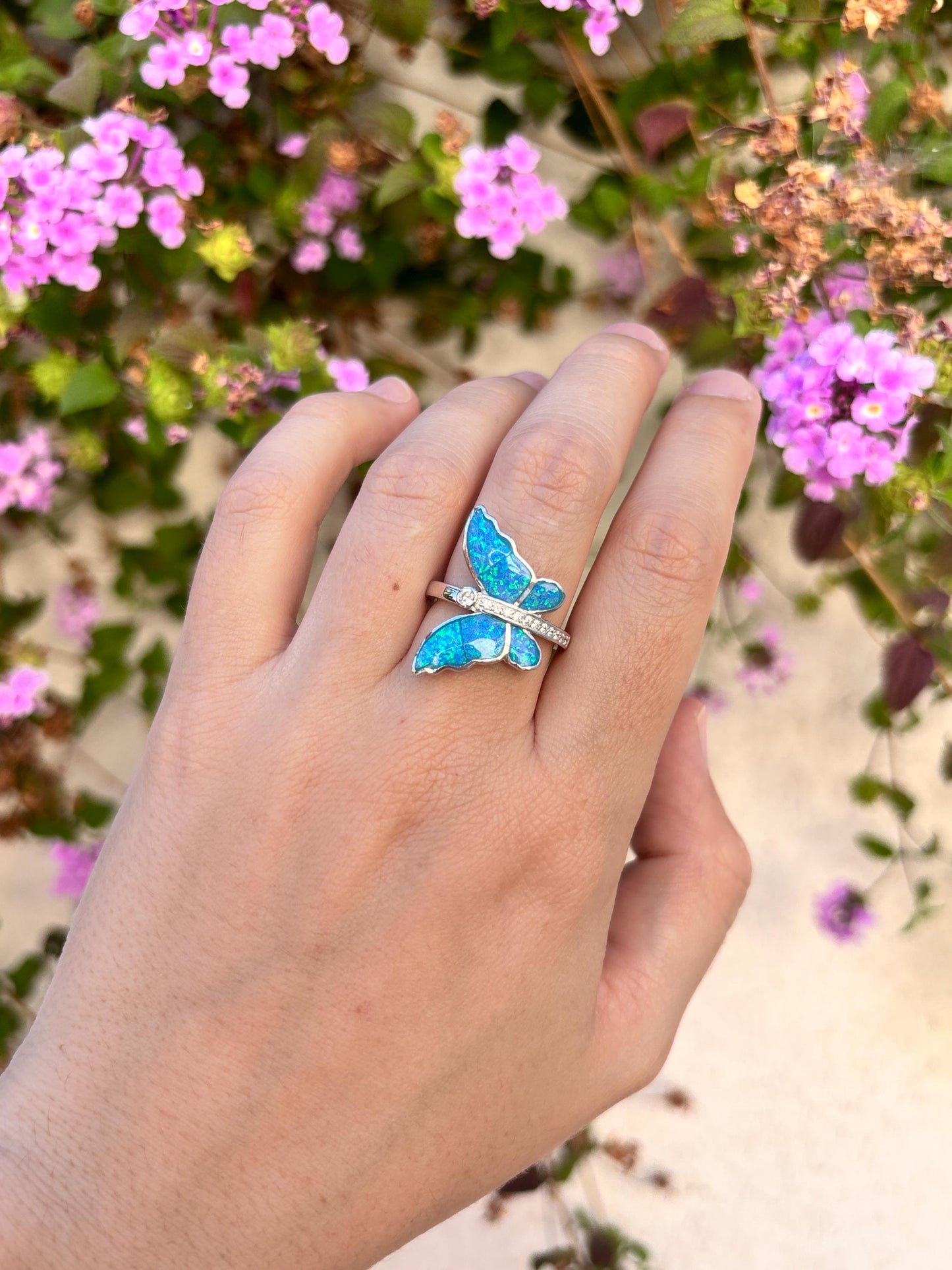 Blue Opal Butterfly Ring, Sterling Silver Butterfly Ring, Lab Grown Opal Ring, Nature Inspired Jewelry, Art Nouveau Ring, Gift For Her