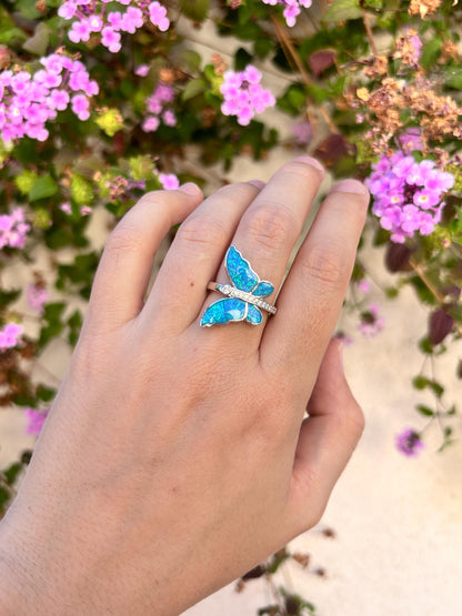 Blue Opal Butterfly Ring, Sterling Silver Butterfly Ring, Lab Grown Opal Ring, Nature Inspired Jewelry, Art Nouveau Ring, Gift For Her