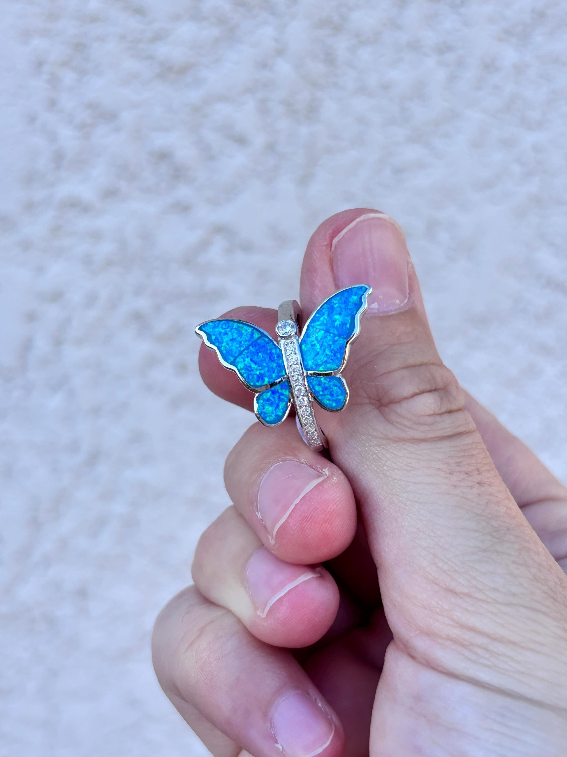 Blue Opal Butterfly Ring, Sterling Silver Butterfly Ring, Lab Grown Opal Ring, Nature Inspired Jewelry, Art Nouveau Ring, Gift For Her