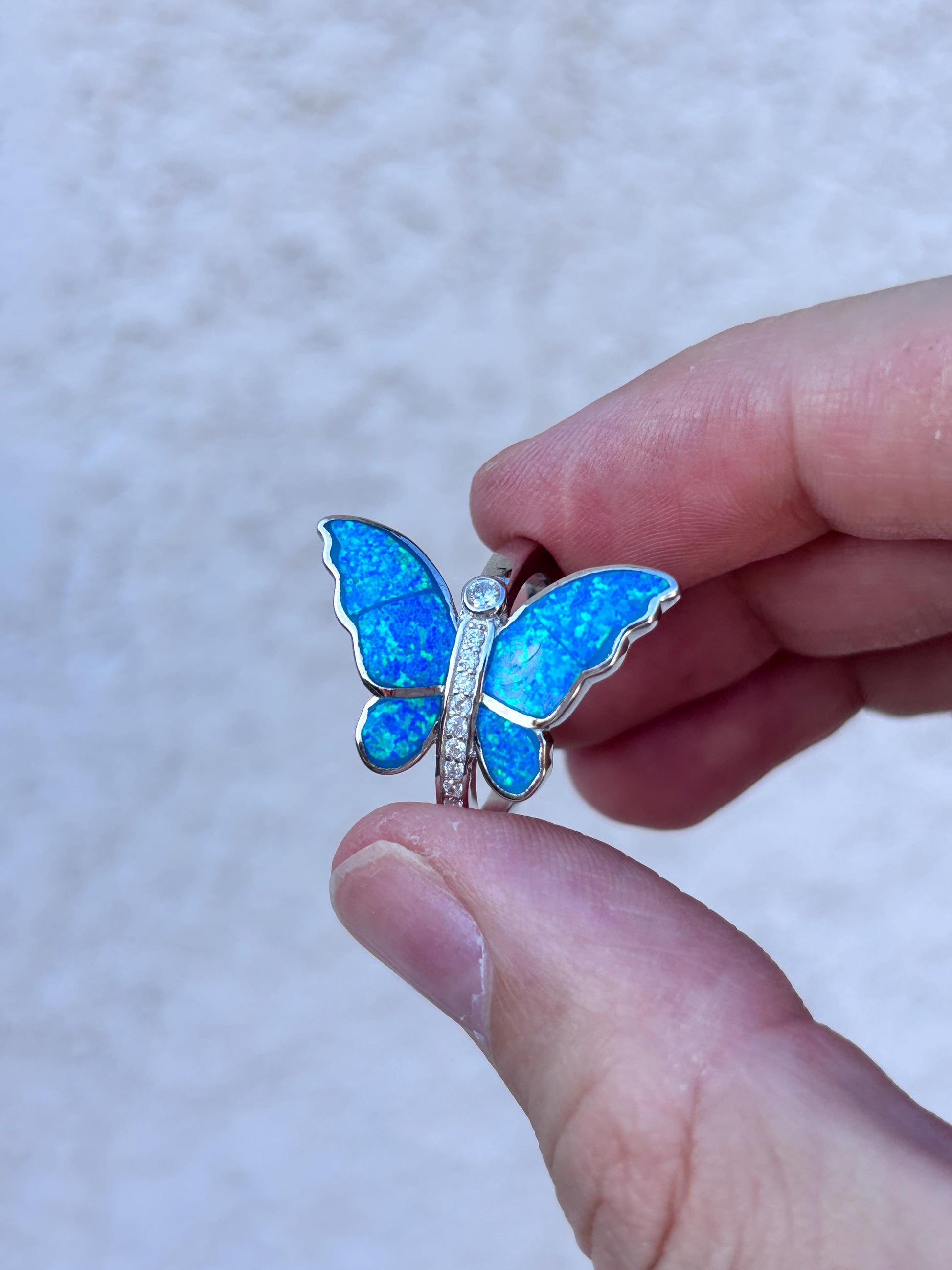 Blue Opal Butterfly Ring, Sterling Silver Butterfly Ring, Lab Grown Opal Ring, Nature Inspired Jewelry, Art Nouveau Ring, Gift For Her