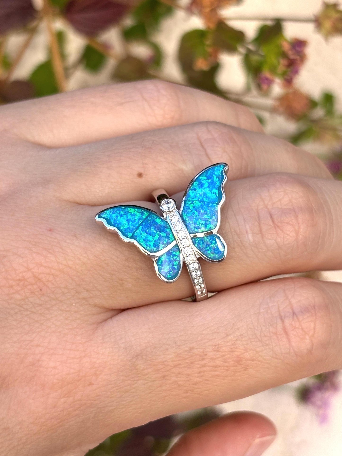 Blue Opal Butterfly Ring, Sterling Silver Butterfly Ring, Lab Grown Opal Ring, Nature Inspired Jewelry, Art Nouveau Ring, Gift For Her
